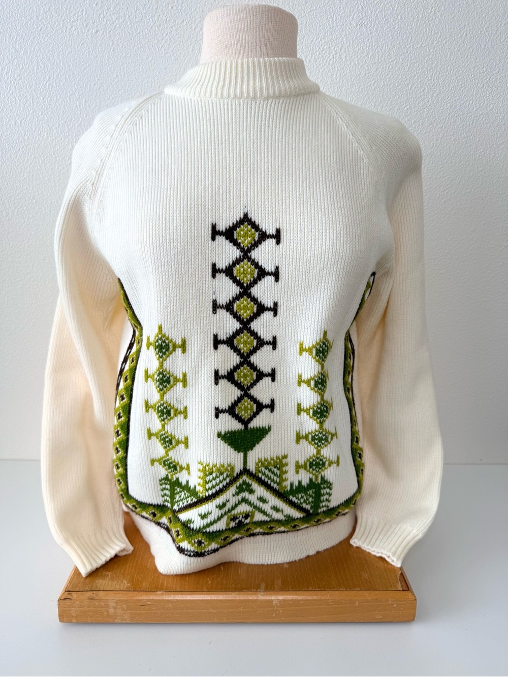 VTG 70s Zado of California Knit Ski Sweater Geometric Nordic Mock Neck Back Zip
